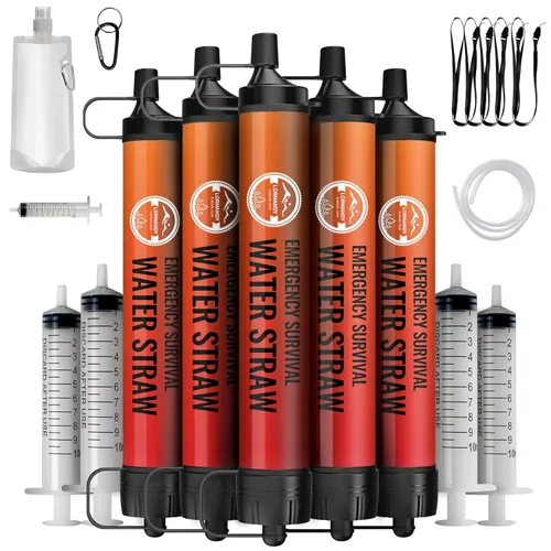 Paquete de 5 filtros de agua con pajilla, kit de equipo de supervivencia para campamento y senderismo al aire libre, para uso familiar, popotes de 5