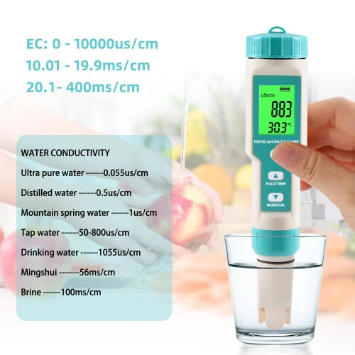Miniatura 6 de Medidor de pH para agua 7 en 1 pH/TDS/EC/Sal/P.G/ORP/Temperatura, probador de pH digital retroiluminado impermeable LCD, medidor de TDS medidor EC