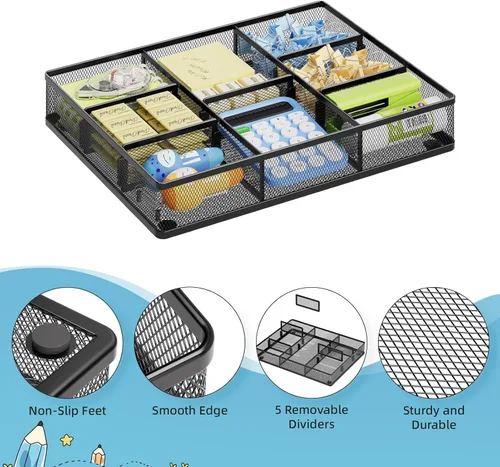 Miniatura 5 de Marbrasse Organizador de cajones de escritorio, bandeja organizadora de cajones de malla metálica con 5 compartimentos ajustables, organizadores