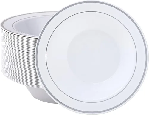 Miniatura 10 de JOLLY PARTY 50 cuencos de plástico con borde dorado, cuencos de sopa desechables de 12 onzas, cuenco de ensalada de postre prémium para Navidad