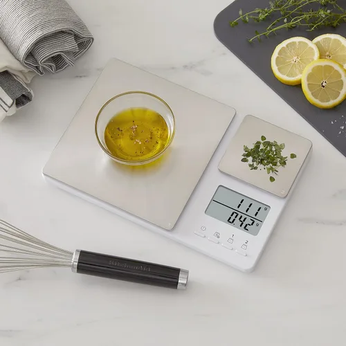 Miniatura 3 de KitchenAid KQ909 Báscula digital de cocina y alimentos de doble plataforma, capacidad de 11 libras y precisión de 16 onzas, color blanco con acero