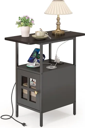 Miniatura 7 de Mesa Auxiliar Estrecha Estilo Granja con Estación de Carga - Mesa Lateral de 3 Niveles con USB y Enchufes, Mesa de Noche Compacta de Almacenamiento