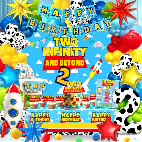 125 decoraciones de cumpleaños de dos infinitos y más allá, suministros de fiesta de segundo cumpleaños de historias de dibujos animados, globos