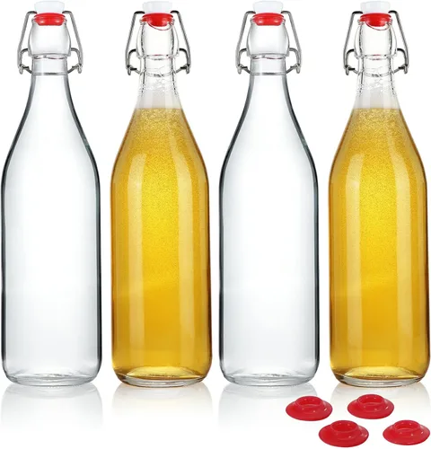 YEBODA Botellas de vidrio transparente con tapón para cerveza casera, kéfir de kombucha y sello de silicona hermético, 32 onzas (4 unidades)