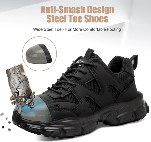 Miniatura 3 de Hogent - Zapatos de puntera de acero para mujer y hombre, anchos, antideslizantes, de trabajo, tenis de punta compuesta, indestructibles, cómodos