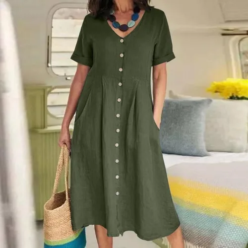 Miniatura 2 de Vestido midi de algodón y lino con botones para mujer, casual, holgado, manga corta, cuello en V, vestidos de verano
