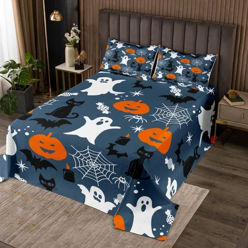 Miniatura 10 de Erosebridal Juego de colcha de murciélago de Halloween, tamaño individual, estrellas con purpurina y galaxia, para niños, decoración de Halloween