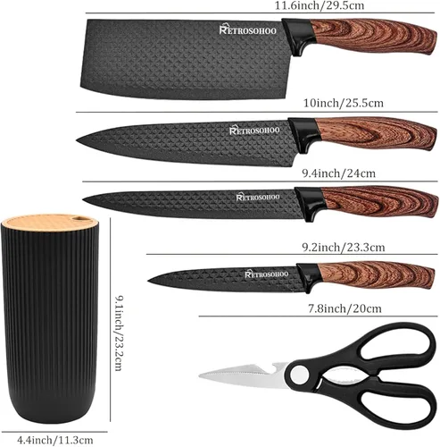 Miniatura 7 de Juego de cuchillos de cocina de 6 piezas, color caqui, afilado, juego de cuchillos de chef de acero inoxidable antiadherentes con bloque de Veta