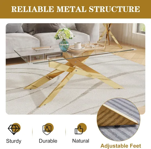 Miniatura 6 de Mesa de centro de cristal de 47 pulgadas con parte superior de vidrio templado y patas de metal dorado, mesa central rectangular moderna para sala