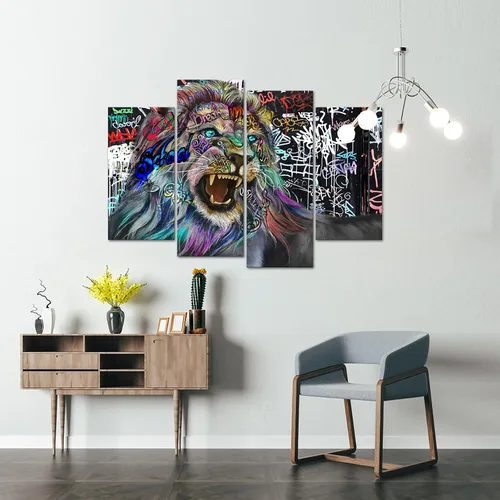 Miniatura 3 de Cuadro de 4 paneles de graffiti en lienzo de animales para decoración de pared, arte abstracto del rey león, lienzo enmarcado en blanco y negro