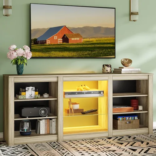 Miniatura 13 de WLIVE Moderno soporte de TV para TV de 65 pulgadas, centro de entretenimiento con estantes abiertos ajustables y luces LED RGB, consola multimedia