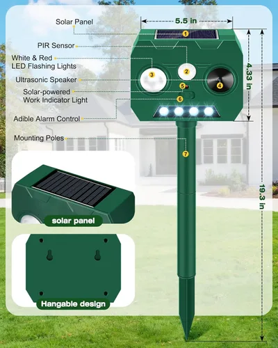 Miniatura 2 de Repelente solar ultrasónico de animales al aire libre, paquete de 2 repelentes de ciervos para exteriores con sensor de movimiento PIR y flash LED