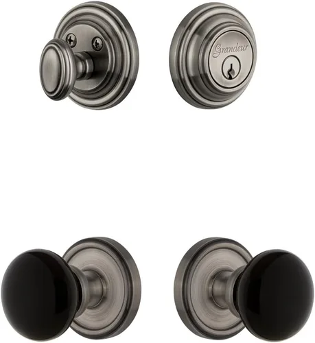 Grandeur Hardware 853368 Georgetown Roseta con perilla Coventry y cerrojo a juego, tamaño del respaldo: 2.375 pulgadas, peltre antiguo