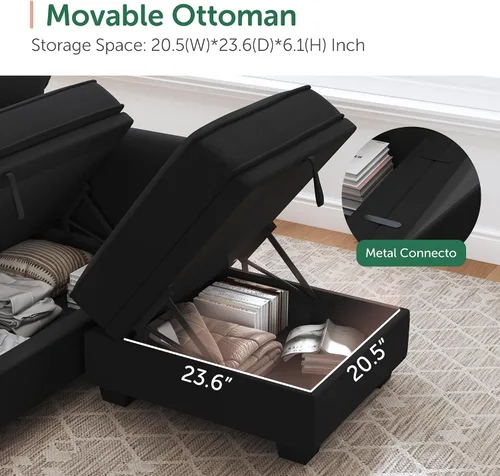 Miniatura 6 de HONBAY - Sofá seccional con asiento de almacenamiento de terciopelo, en forma de U, con tumbona reversible, sofá seccional convertible para sala
