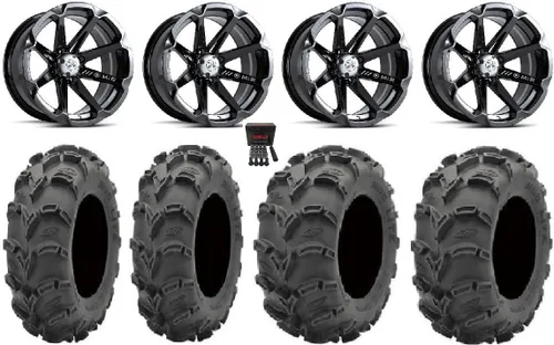 Paquete - 9 artículos: MSA Black Diesel 14" UTV Wheels 27" Mud Lite XL Neumáticos [4x110 Patrón de pernos 12mmx1.25 Kit de lengüetas]