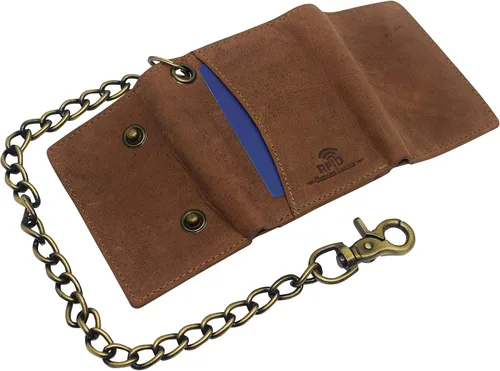 Miniatura 6 de Billetera de cuero vintage con bloqueo RFID para hombre, con cierre a presión, Beige Bronceado, Cartera Biker
