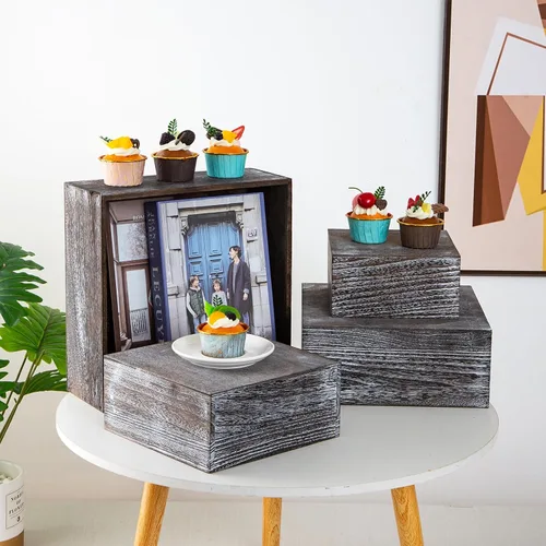 Miniatura 5 de Soportes cuadrados de madera vintage para tartas de madera, juego de 4 soportes de madera para cupcakes, cajas de madera rústica de 12 pulgadas
