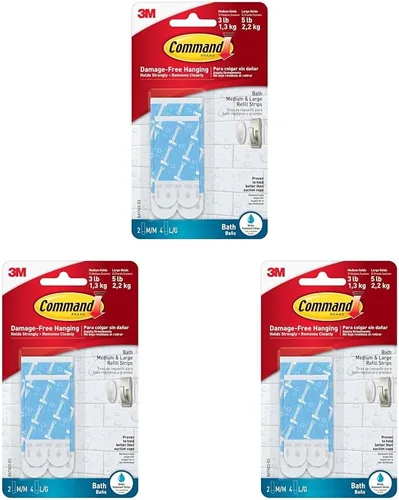 Command Tiras de repuesto para baño, 2 tiras adhesivas medianas y 4 grandes, resistentes al agua, ganchos o contenedores de baño para colgar