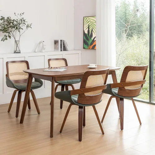 Miniatura 10 de Juego de 2 sillas de comedor de ratán verde, sillas de comedor modernas de mediados de siglo con marco de madera curvada de nogal, respaldo Nogal