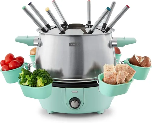 Dash Máquina de fondue de lujo - Para caldo, queso y chocolate - Viene con tenedores de fondue codificados por colores, tazas, rejilla y guía de