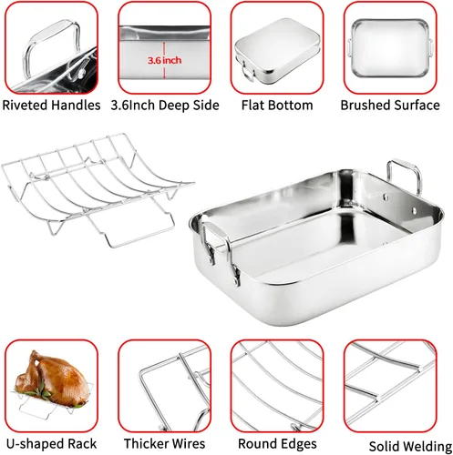 Miniatura 7 de JY COOKMENT Sartén para Asar con Estante para Hornear, Sartén para Pavo de Acero Inoxidable de 16.5 Pulgadas con Estante, Regador. Excelente