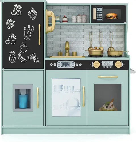 Miniatura 16 de MAT EXPERT Juego de cocina para niños, cocina de juguete de chef de madera con pizarra, máquina de hielo, accesorios de utensilios de cocina