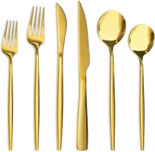 Juego de cubiertos Astercook de 48 piezas en color dorado con cuchillos de carne, juego de cubiertos de acero inoxidable de grado alimenticio,