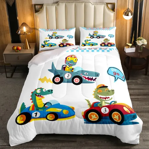 Miniatura 2 de Erosebridal Juego de ropa de cama de dinosaurio de carreras de dinosaurios, juego de edredón de plumón de dinosaurio de caricaturas para niños
