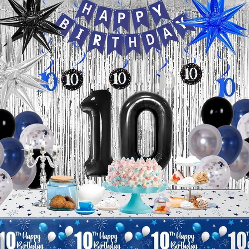 Miniatura 6 de Decoraciones de cumpleaños número 10 para niños y niñas, color azul oscuro, doble dígitos con pancarta de feliz cumpleaños, mantel de globos de 10