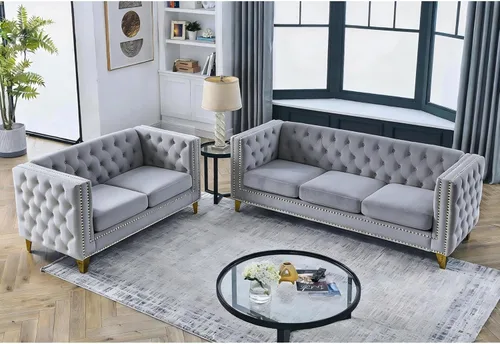 Miniatura 13 de Sofá moderno Chesterfield de terciopelo de 58 pulgadas, respaldos tapizados con brazos de cabeza de clavo, sofá biplaza para sala de estar
