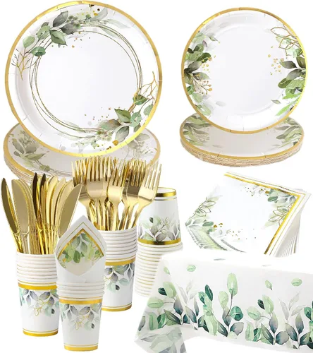 Platos y servilletas de vegetación para fiesta - Sirve para 16 - Platos verdes, tazas de fiesta, cuchillos, tenedores, tema de vegetación para baby