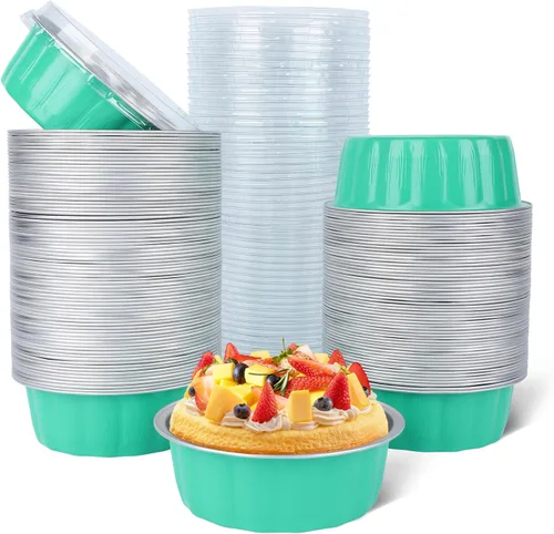 Miniatura 19 de Beasea Ramequines con tapas, 8oz 50 unidades de tazas de aluminio desechables para hornear, tazas de papel de aluminio plateado para creme brulee