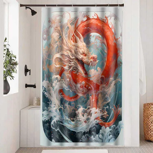 Miniatura 9 de YLOKPA0717 - Cortina de ducha de dragón japonés con ganchos, enorme ola de mar, cortina de baño de dragón rojo, 36 x 72 pulgadas, decoración de baño