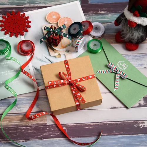 Miniatura 4 de SANNIX 12 rollos de cinta de Navidad de 60 yardas para envoltura de regalos, cinta de envoltura de Navidad de 3/8 pulgadas con estampado de copos