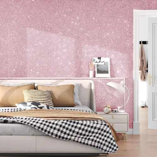 Miniatura 5 de Papel tapiz rosa con purpurina para despegar y pegar para dormitorio de niña, papel de contacto con purpurina brillante, papel de contacto moderno