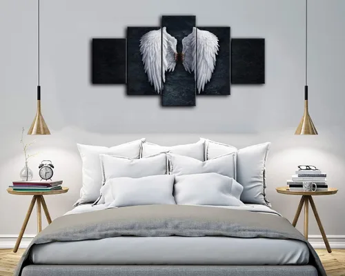 Miniatura 5 de Urttiiyy Lienzo decorativo de alas de ángel para pared, diseño de plumas de ángel en el suelo, pinturas en la pared, 5 paneles, carteles grandes