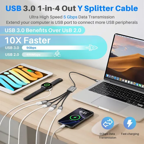 Miniatura 3 de Divisor USB 3.0 de 1 en 4 salidas Cable adaptador Y de 1 pie, cable de extensión USB-A 3.0 macho de 5 Gbps a cuatro 4 hembras, 4 USB tipo A USB A
