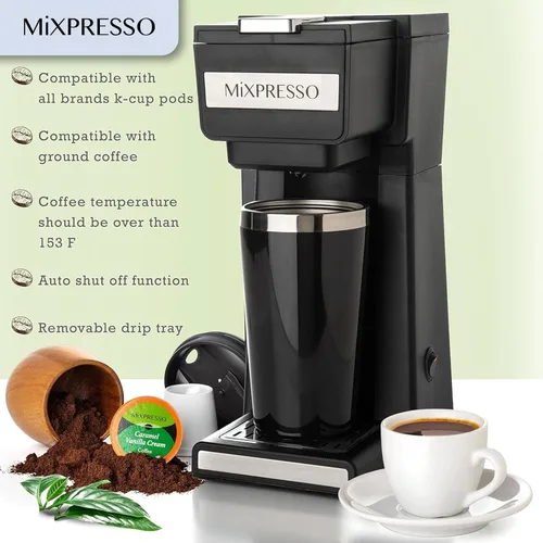 Miniatura 3 de Cafetera Mixpresso de una sola taza para café molido y compatible con cápsulas K Cup, con taza de viaje de 14 onzas y filtro reutilizable