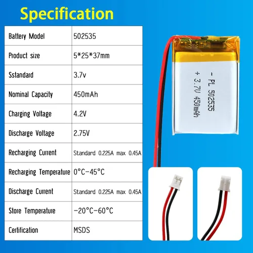 Miniatura 4 de 502535 3.7V Batería Lipo 450mAh 502535 Paquete de Batería Recargable de Polímero de Litio con Conector JST PH2.0mm para Dispositivo Electrónico