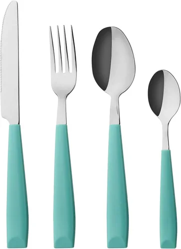 ANNOVA Juego de cubiertos de acero inoxidable con mango colorido, utensilios de cocina, incluye cuchillos, tenedores, cucharas y cucharas de postre