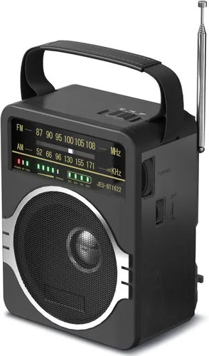 JEUJUG Radio AM FM portátil, Radio Bluetooth 5.0 de 5 Watts con altavoz, Radio FM con batería recargable incorporada/Batería DC D*4 de celdas