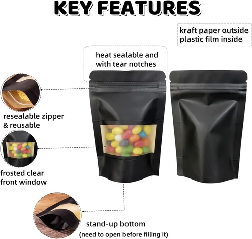 Miniatura 4 de FERENLI 50 bolsas de papel kraft resellables negras con ventana mate para ventana, bolsas de almacenamiento de alimentos sellables con cierre