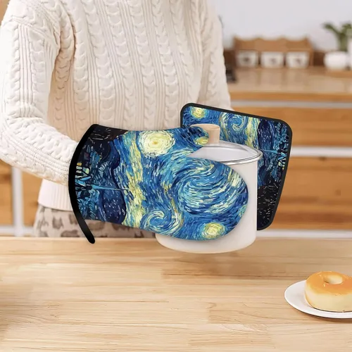 Miniatura 6 de The Starry Night - Guantes de cocina y soportes para ollas de cocina, juego de 2 piezas, almohadillas resistentes al calor para hornear, barbacoa