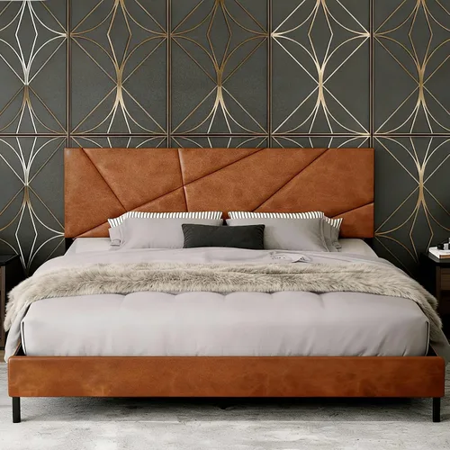 Estructura de cama con plataforma tapizada de tamaño completo con cabecera acolchada de piel sintética, soporte de listones de metal resistente, no