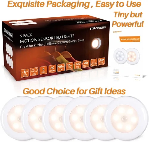 Miniatura 6 de STAR-SPANGLED Paquete de 6 luces con sensor de movimiento de 2.8 pulgadas para interiores, funciona con pilas AAA, luz LED para pegar en escaleras