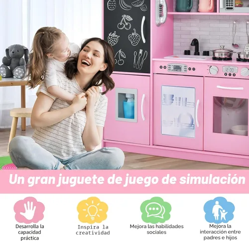 Miniatura 9 de HONEY JOY Set de cocina de madera de juguete para niños, juego de simulación de pequeño chef con pizarra, teléfono, utensilios, horno, microondas