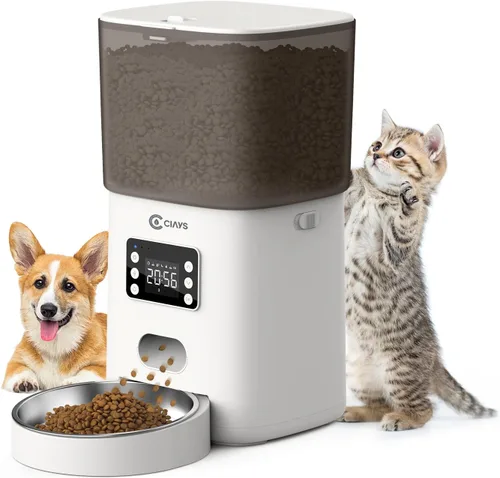 Ciays Comedero automático para gatos, 6L, blanco, plástico y acero inoxidable, dispensa hasta 20 porciones, 6 comidas por día, con alarmas de