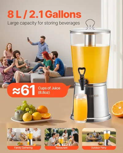 Miniatura 2 de VEVOR Dispensador de bebidas, dispensador de bebidas de 2.1 galones para fiestas, dispensador de jugo de acero inoxidable + plástico con cámara