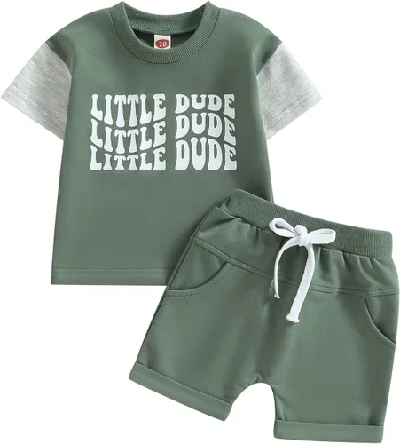 Miniatura 62 de Conjunto de traje de verano para bebé niño pequeño, manga corta, cuello redondo, letras impresas, lindo traje de verano, conjunto de 2 piezas