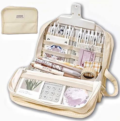 Miniatura 8 de Estuche para lápices y bolígrafos de gran capacidad con 9 compartimentos, multiranura, bolsa organizadora duradera, mango de fácil agarre, Gris